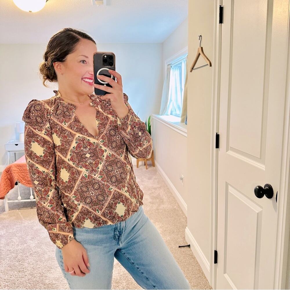 Tuckernuck Shoshanna Red Cream Floral Kaleidoscope Long Sleeve Top Blouse XS